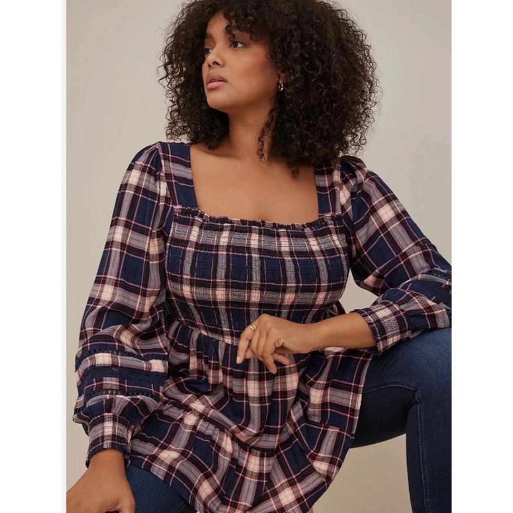 Torrid Babydoll Top Women 2X Lenny Lace Navy Pink Tartan Smocked Cottagecore